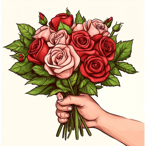 红玫瑰加粉末绿叶卡通手绘