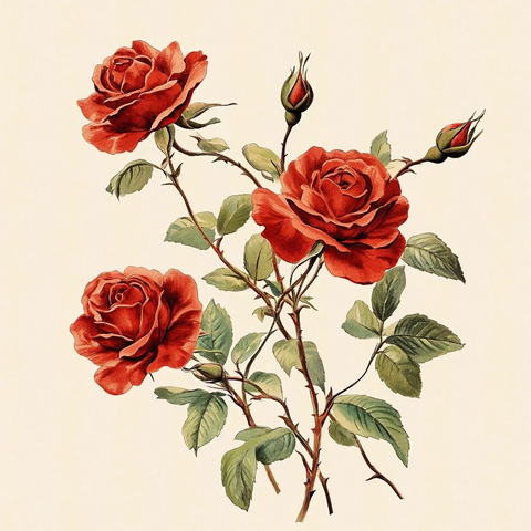 红玫瑰与鹦鹉枝叶插画