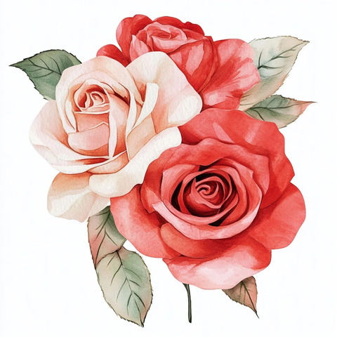 水彩玫瑰花红粉白