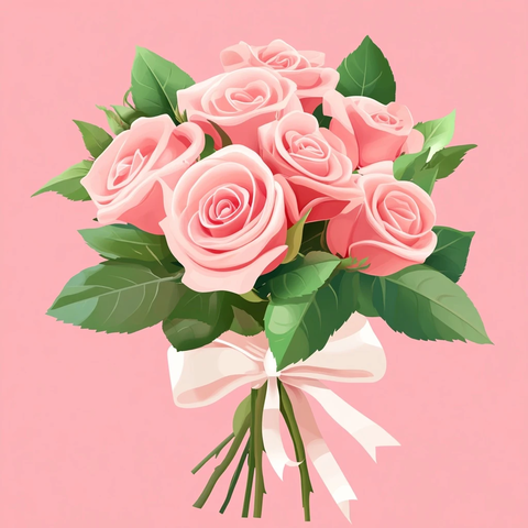 粉色玫瑰花束绿叶白缎带