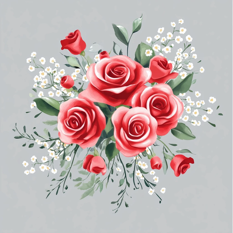 红玫瑰与满天星水彩插画