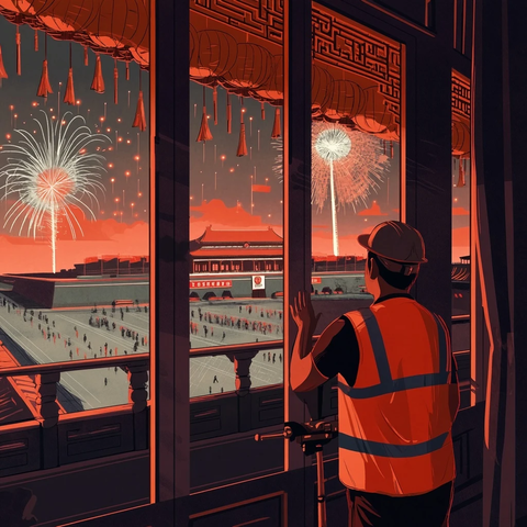 穿工作服的人看窗外天安门烟花秀
