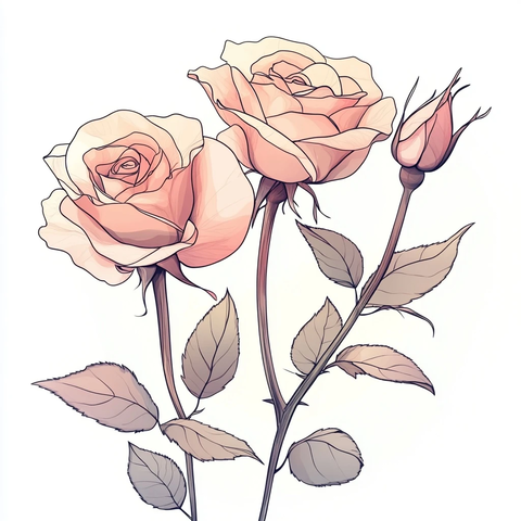 粉色玫瑰与花苞水彩画