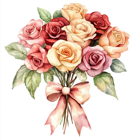 水彩玫瑰花束与蝴蝶结