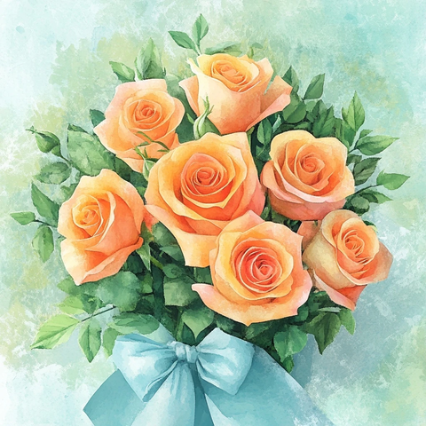 橙黄交替玫瑰花束水彩画