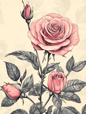 粉玫瑰黑白线条插画