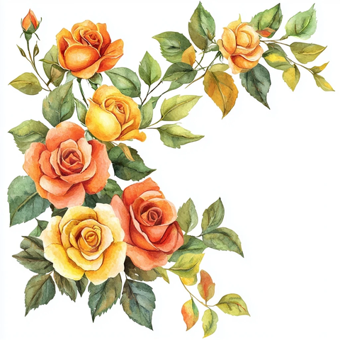 橙黄玫瑰绿叶金色点缀