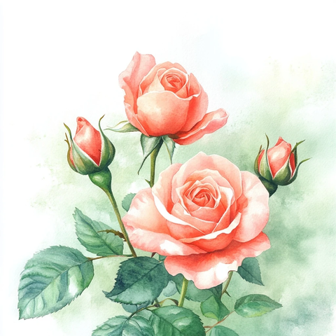 水彩玫瑰花蕾与绿叶