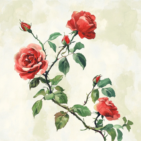 红玫瑰藤蔓水彩插画