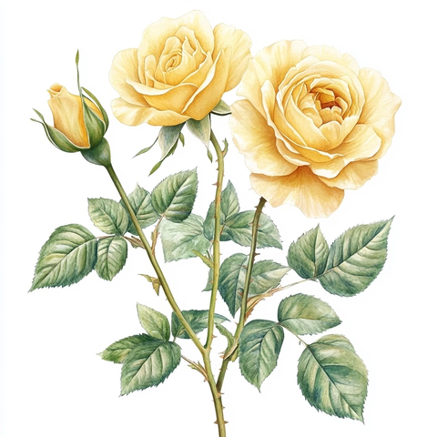 黄玫瑰绿叶白背景线稿