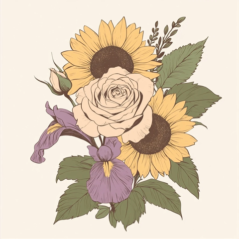 玫瑰鸢尾向日葵花束