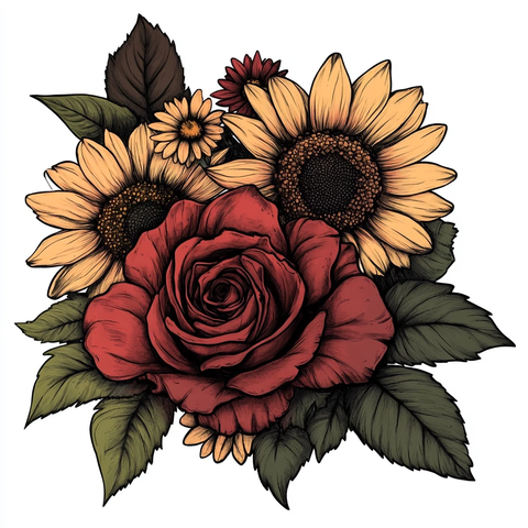 暗黑花卉玫瑰向日葵矢量图