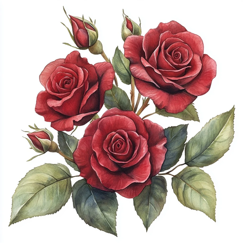 三朵红玫瑰与绿色叶子