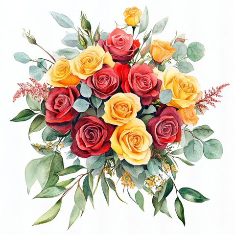 红黄玫瑰橙花绿叶水彩画