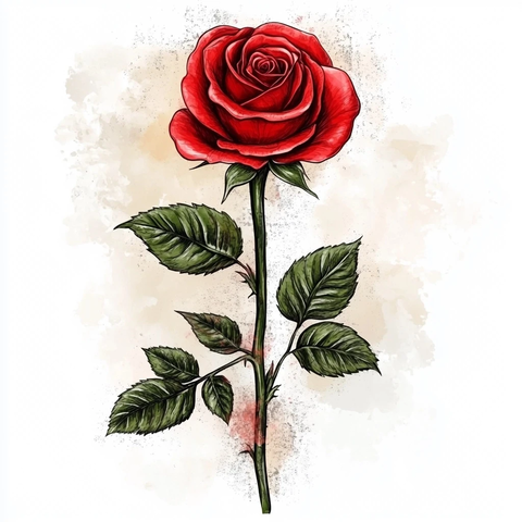 红玫瑰长茎复古插画