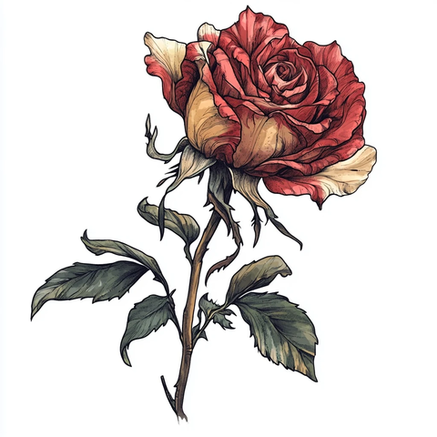 传统纹身风格枯萎玫瑰