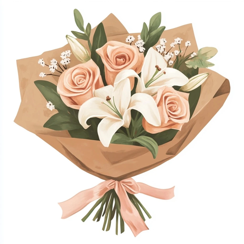 桃粉玫瑰百合花束