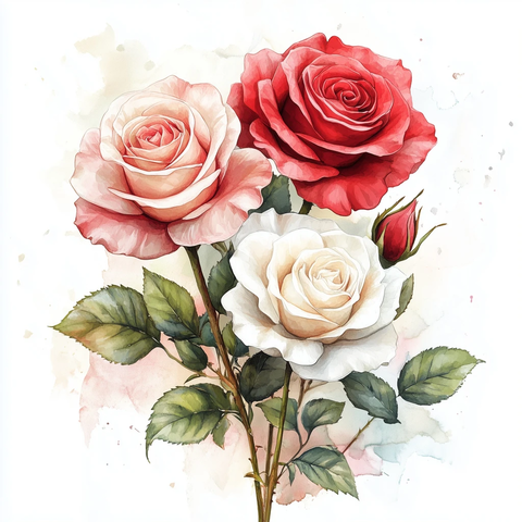 情人节红粉白玫瑰水彩画
