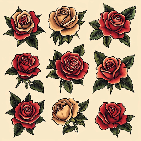 传统风格玫瑰纹身图样