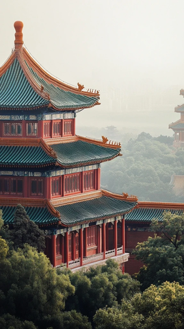 绿树环绕中的多层中式古建筑