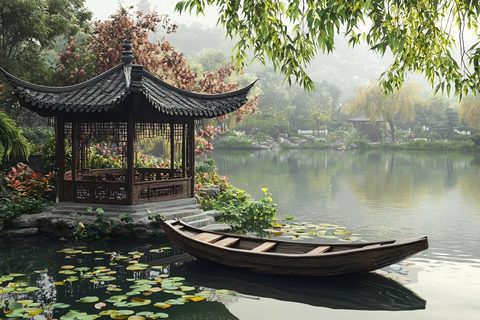 水上古亭旁的小船中式园林景观