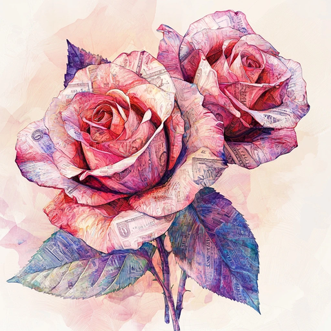 玫瑰花瓣纸币水彩插画