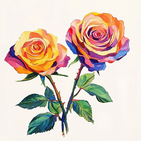 两朵鲜艳玫瑰白底画