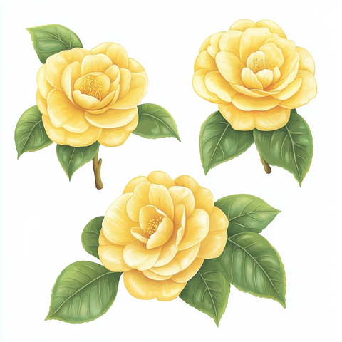 黄色山茶花绿叶插画