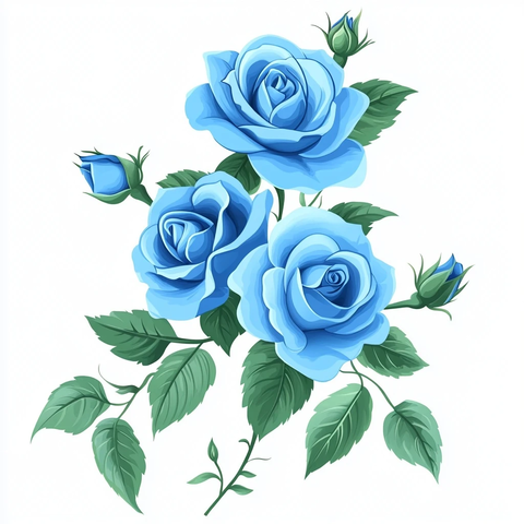 蓝色玫瑰与绿色叶子插画