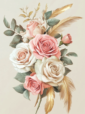 粉白玫瑰绿叶金羽花束