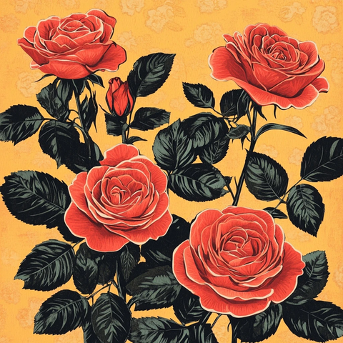 玫瑰花园木刻风格插画