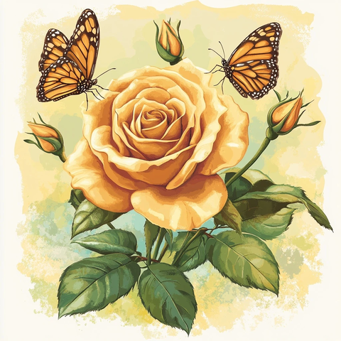 黄玫瑰与飞舞蝴蝶矢量图