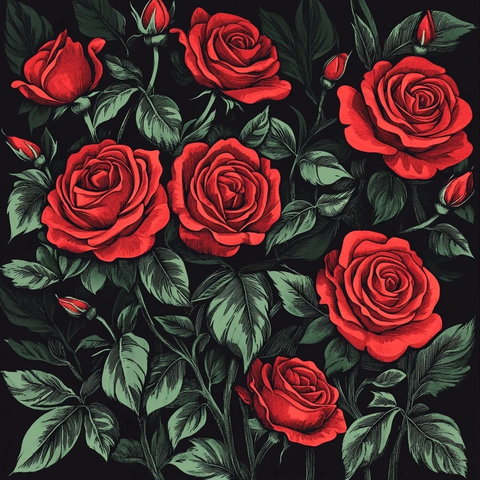 红玫瑰与绿叶暗背景