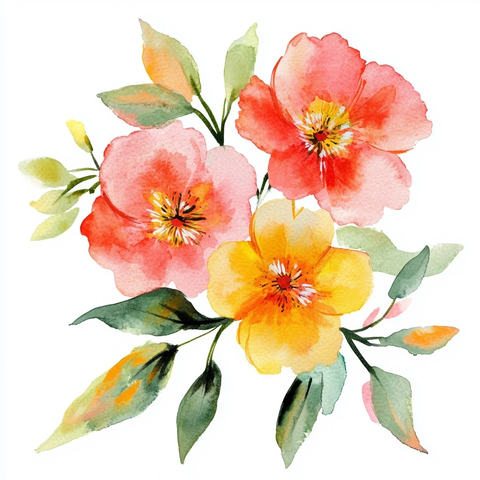 红粉黄花朵绿叶水彩画