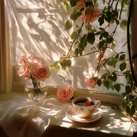 窗边玫瑰咖啡树影