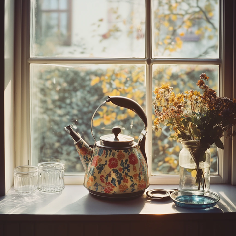 花纹水壶与凋谢花束