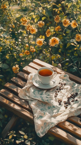 木椅上的人与花茶