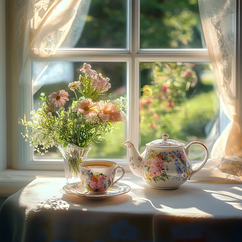 窗边茶杯与梅森瓷壶