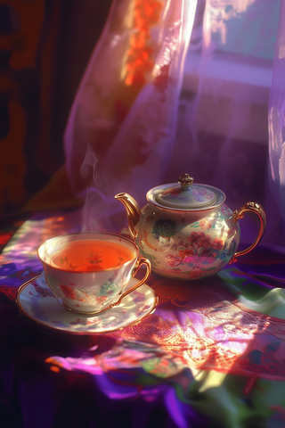 茶杯茶壶雕塑紫橙红光