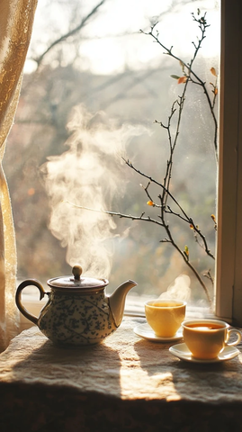 窗前茶杯热气腾腾