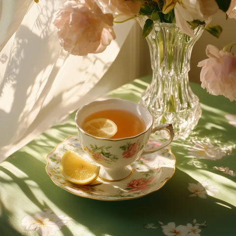 姜茶杯与柠檬片绿白桌布