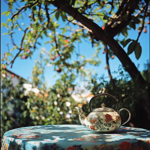 树下桌椅与茶壶