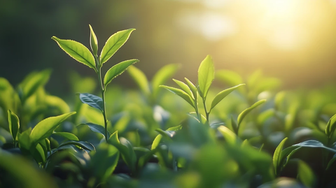 晨光下的茶树叶新芽