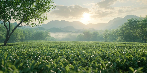 茶园前景茶树轻雾远山