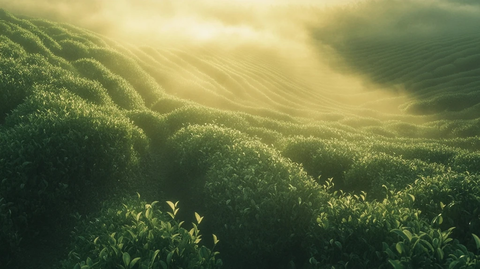 茶园晨雾绿叶金光