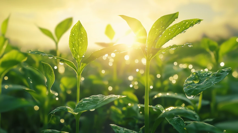 清晨阳光下的嫩绿幼苗