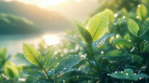 春日新芽上的露珠与光影