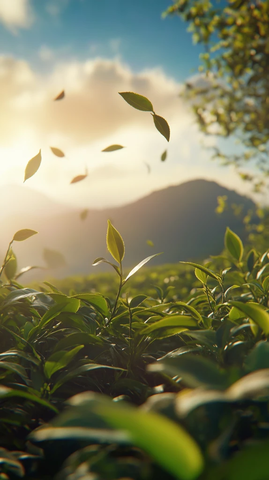 茶树叶飞舞阳光背景