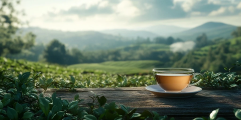 木桌茶杯与花园背景