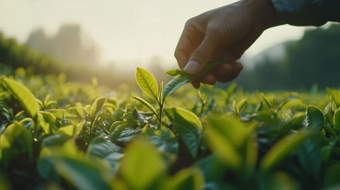 单手采摘茶叶特写